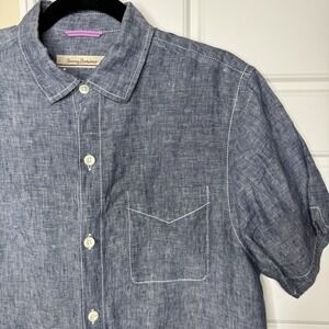 Tommy Bahama 100% Linen Chambray Blue Button Down Short Shirt Men's Small Summer